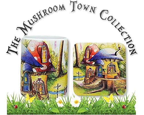 FERN COTTAGE MUSHROOM TOWN © BOXED MATCHING MUG &amp; COASTER SET - MAGICAL, ENCHANTING, TRANQUIL, FANTASY, SCENIC, ILLUSTRATED ART MUGS CREATED JUST FOR YOU (FERN COTTAGE)