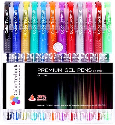 Glitter Gel Pens from Color Technik, Set of 12 Professional Artist Quality Pens. Best Gel Pen Colours with Comfort Grip. Enhance Your Adult Colouring Book Experience Now! Perfect Gift Ideas!