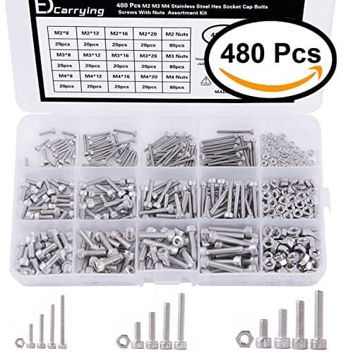 EDCarrying 480 Pcs M2 M3 M4 Stainless Steel Hex Socket Cap Bolts Screws with Nuts Assortment Kit SN-480S