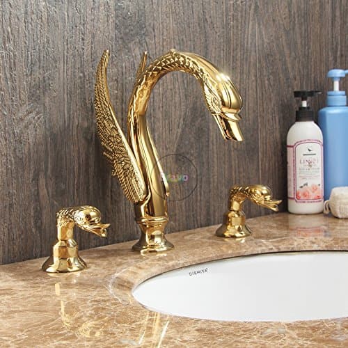 TougBoo Gold Finished 3 Hole Widespread Bathroom Sink Mixer.Deck Mounted Basin Faucet Dual Handles Mixer Taps.Swan Design Water Faucet,Gold