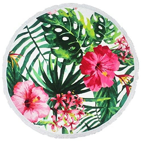 Leana Round Beach Towel Thick Terry with Fringe Tassels - Various Designs &amp; Colors (Green Palm)