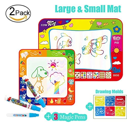 Flytoo 2 Pack Magic Water Drawing Doodle Mat with Large Size Rainbow Colour Mat and Small Size 4 Colour Mat and 3 Magic Water Pen for Toddlers Kids Baby