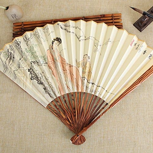 GUYOUYY Folding fan/9.5 inch/pear pear teeth man folding fan/white paper fan/gift China fan hand-painted Buddha,12.5 inch yellow pear cold incense