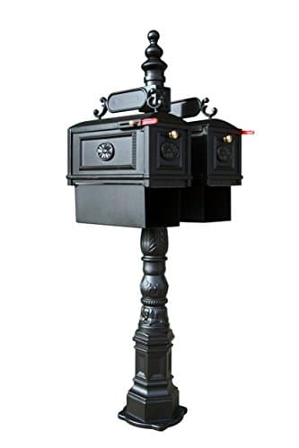 Double Mailbox with Post, Newspaper Holder and Brass Numbers for House/ Postbox, Heavy Duty Cast Aluminum Residential Post Mount Mailbox