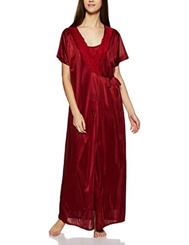 KAMFATE Women's Satin Regular Fit 4 Piece Nighty Set (Maroon, Free Size)