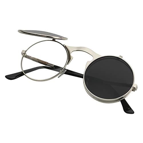 RANHUU Flip Up Sunglasses Gothic Round Retro John Lennon Style Sunglasses Steampunk Sunglasses