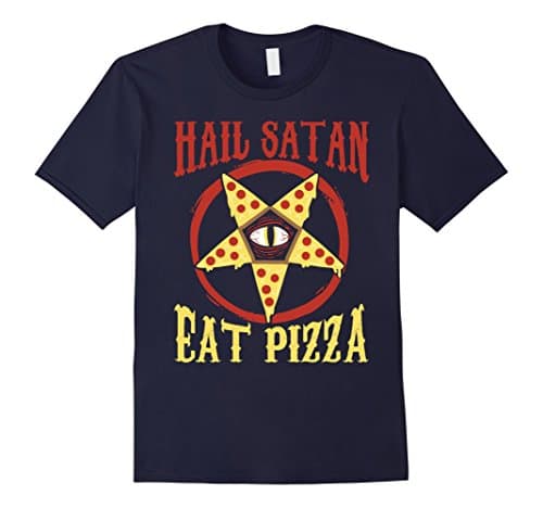 Mens Hail Satan, Eat Pizza Funny Satanic Occult Pizza Tee Large Navy