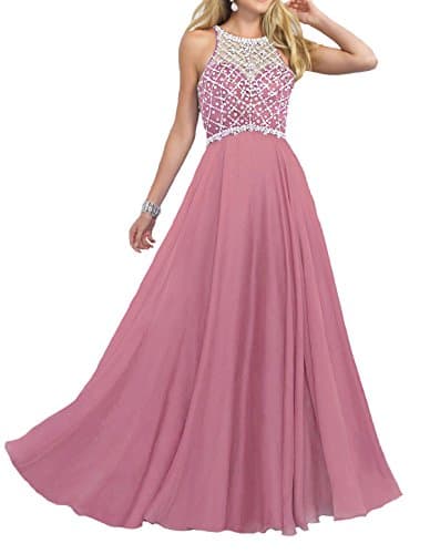 Firose Women's Long Prom Dresses 2019 Scoop Neckline Beaded A Line Formal Dress