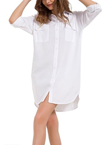 SMXUAN Women’s Shirt Dress Long Sleeve Loose Button Down Swing Dress Knee Length 033 (White, S)