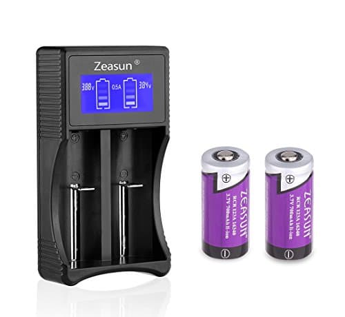 CR123A Lithium Battery with 18650 16340 14500 Battery Charger Zeasun Rechargeable PTC Protected Batteries,3.7V,700mAh,2 Pack