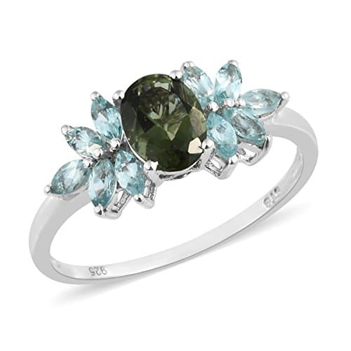 925 Sterling Silver Platinum Plated 1.5 Cttw Oval Moldavite, Apatite Ring Size 10