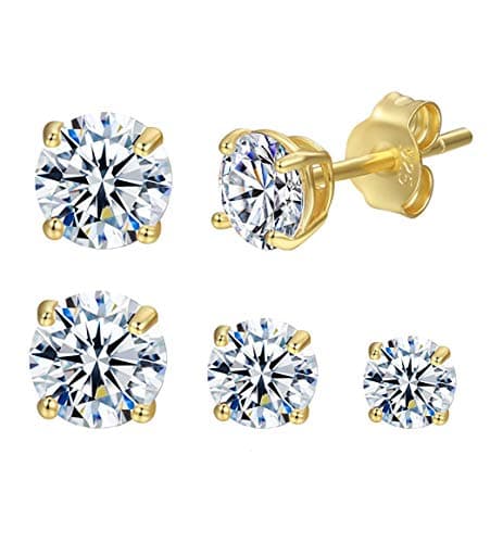 Cubic Zirconia Stud Earrings 14K White Gold Plated S925 Sterling Silver Stud Earrings Set for Women Girl（3mm/4mm/5mm） (Silver) MM