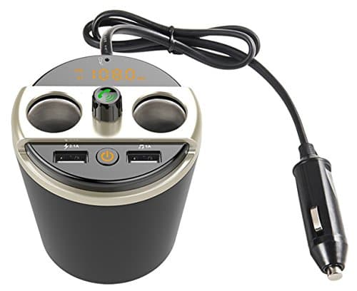 Car Cup Charger, Loamy Bluetooth FM Transmitter 12V~24V USB Car Cup Charger Multi-function Power Adapter with 2-socket Cigarette Lighter Splitter + Dual USB Ports 3.1A-Gold