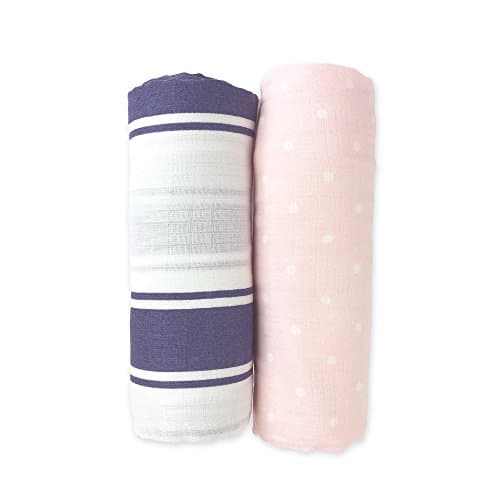 2 Pack Luxury Bamboo Muslin Swaddle Blankets by XOve Baby | X Large 47” x 47” Newborn Swaddling Wraps &amp; Baby Shower Gift (Nautical Blue / Pink Polka Dot)