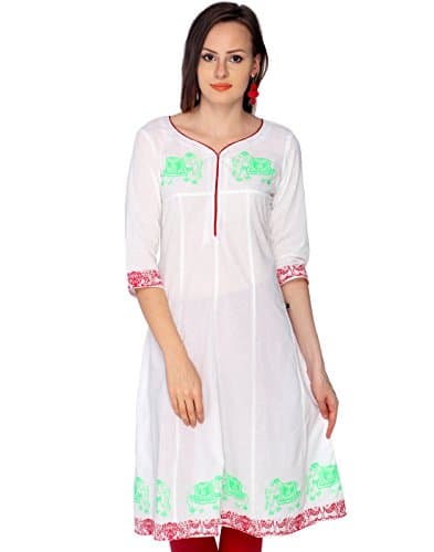 Estyle Women's Tusker Printed Bright Anarkali Kurta Large White/Green