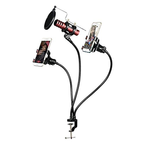Microphone &amp; Phone Stand kit for Internet Karaoke/Phone Karaoke/MV Recording or More, includes: Microphone Holder, Pop Filter, 2 Phone Holder Clip, Table Clamp and 3 Metal Goosenecks