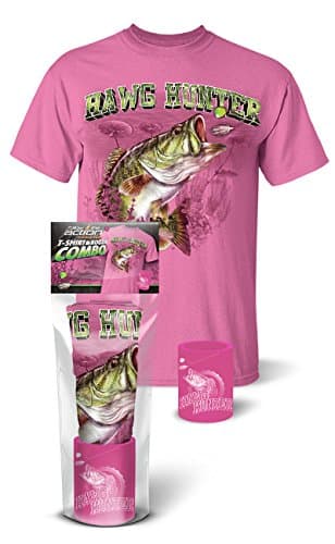 Follow the Action Largemouth Bass Pink Hawg Hunter T-Shirt and Koozie Combo Gift Set (X-Large)