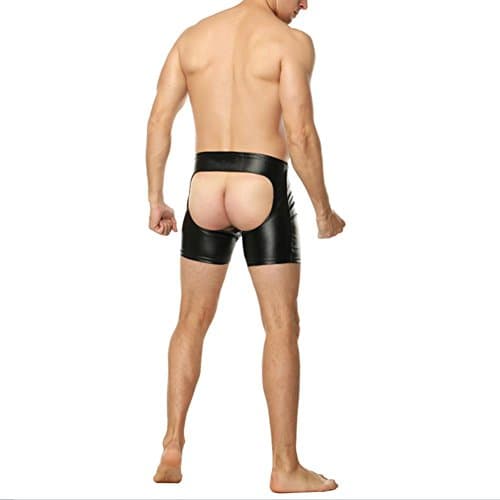 Fxwj Men Faux Leather Zipper Boxer JockStrap Wetlook Dew Butt Shorts Underwear Black