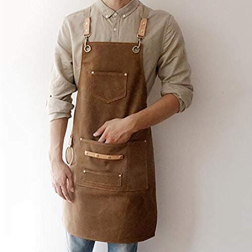 YAOJII BBQ Canvas Apron Bib Leather Chef Kitchen Apron Barista Bartender Pockets Home Barber Cook Coffee Restaurant Work Uniform 60X80CM