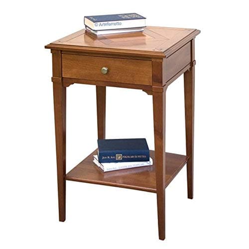 Square lamp table for living room, entryway side table in solid wood, tessellated top, bottom shelf, cherry and beech wood side table 50 x 50 x 77 cm, handmade side table made in Italy