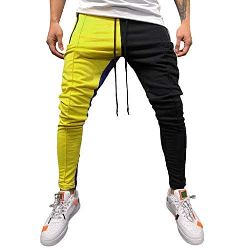 Caopixx Trousers for Men's Casual Loose Patchwork Color Workout Stretch Fitness Pants Jogger Trousers Black