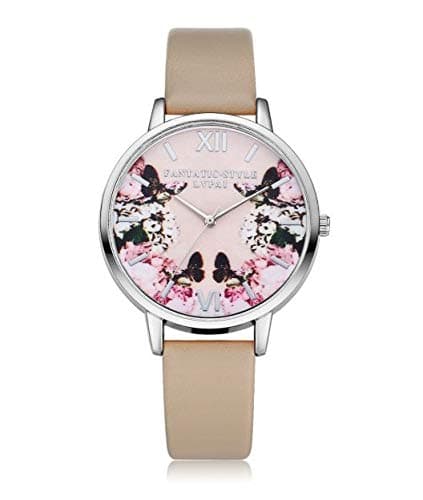 Khakhi Strap Pink Dial Butterfly and Flower Pattern Dress Watch for Girls and Women