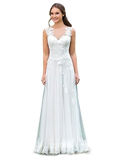 Romanlisa Women's A-Line Caps V-Neck Lace Court Train Long Beach Wedding Dress Lvory 24w