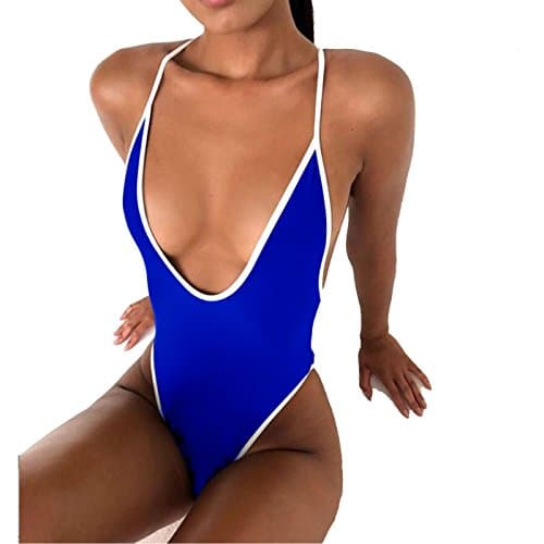 CPHMP Sexy Women's Monokini Deep V One Piece Backless Swimsuit Semi Retro Thong Bikini