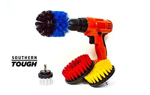 Heavy Duty Power Scrubbing Drill Brush Attachment Set - Multi-Surface Cleaning - Bathroom Kitchen Carpet Car Boat Deck Wheel - 2in White Soft, 4in Yellow Stiff, 5in Red Hard, Cone-Shaped Blue Stiff