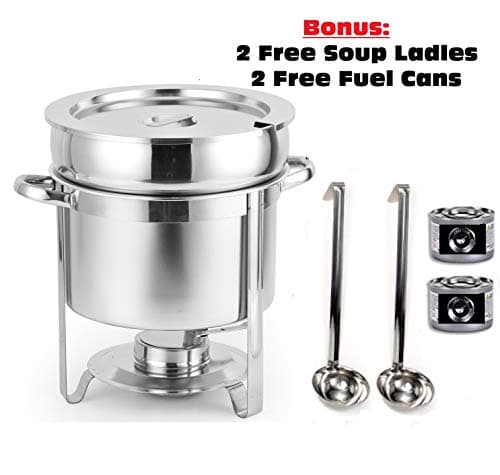 ChefMaid Stainless Steel Soup Warmer, 11-Quart Soup Chafer Set Includes Food Pan, Water Pan and Fuel Holders – Durable, shiny silver + BONUS: 2 FREE SOUP LADLES & 2 FUEL CANS