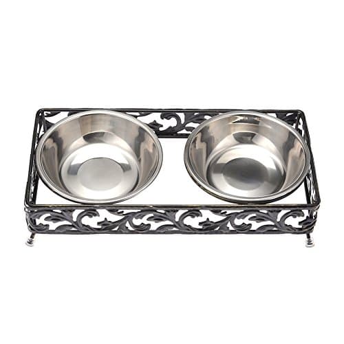 Awhao Lace Retro Pet Bowls Iron Frame Raised Stand Pet Double Bowls Pet Feeder for Dogs Rabbits Cats