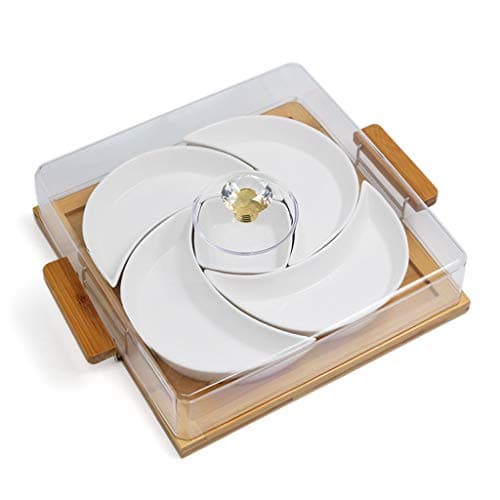 Mai tray Fruit Plate, Grid Ceramic Nut Platter Square Snack Candy Melon Seeds Dried Fruit Box Combination (color : Wooden handle)