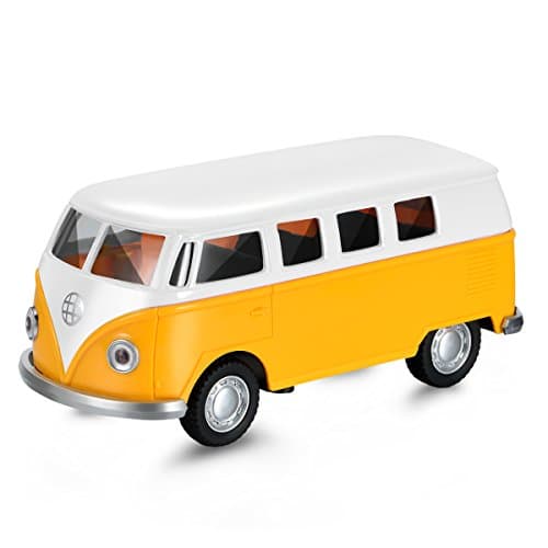 AMTOP Pull Back Vehicles, 1:32 Scale Alloy Die-cast Bus with LED Headlights and Music, Mini Pull Back and Go Car Toy Play Sets for Kids Toddlers (Bus, Yellow)