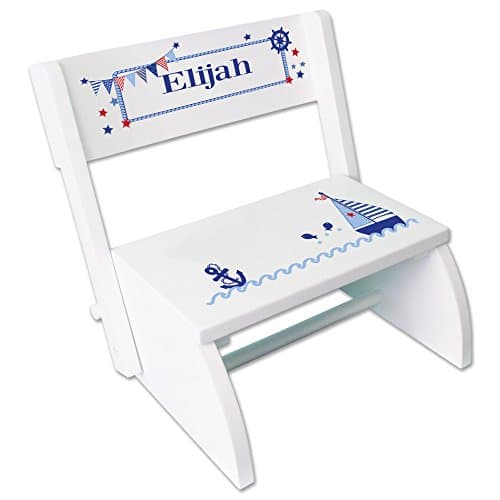 Personalized Boys Sailboat Childrens and Toddlers White Folding Stool
