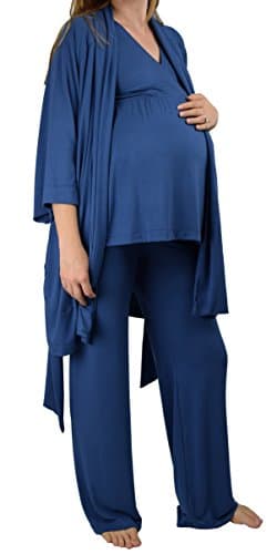 Embrace Your Bump Super Soft 4 Pc Maternity &amp; Nursing Hospital Bag Essentials Pajama Set (Robe, Nursing Tank, Pants, Nursing Bra) (Large, Blue)