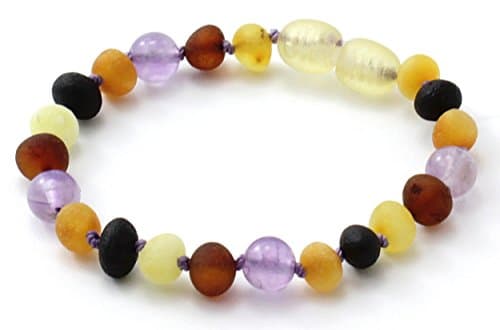 Unpolished Amber Teething Anklet / Bracelet - Available in 4.7-6.3 inches - Raw Multi mixed with Amethyst Gemstone Beads - TipTopAmber (5.5 inches)