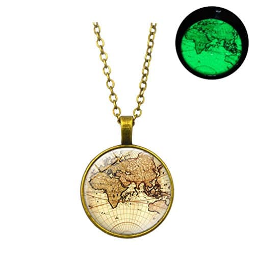 World Map Glowing Necklace Glass Dome Cabochon Pendant Glow In The Dark Jewelry Women Gift (Brass)