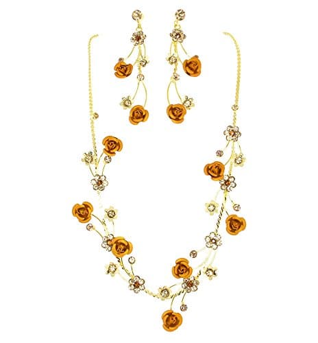 Roses with Accent Simulated Rhinestone Necklace and Earrings Set-Gold Tone