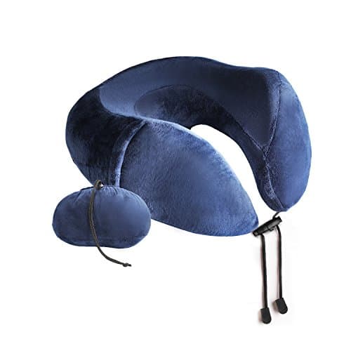 GOMUM Travel Neck Pillow - Super Cozy and Easy to Carry Memory Foam Pillow with Removable and Machine-Washable Velour Cover for Airplane Traveling and Sleeping - Adult Size, Navy Blue