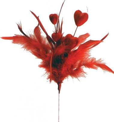 Package of 6 Romantic Red Feather Sprays with Flocked Hearts on Wire Picks for Valentine's Day, Sweetest Day and Party Decorations