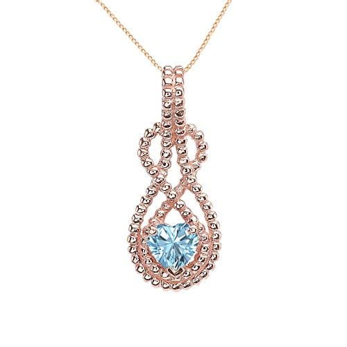 14k Rose Gold Heart Shaped March Birthstone Aquamarine Double Infinity Hidden Bail Pendant Necklace, 22"