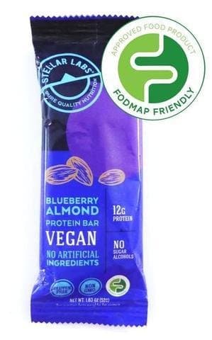 Stellar Labs Blueberry Almond Protein Bar, Non-GMO, Gluten Free, Vegan, No Sugar Alcohols, Made with Low-FODMAP Ingredients, 1.83oz, Pack of 12