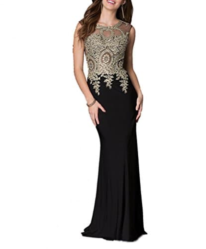 Winnie Bride Trendy Gold Appliqued Formal Dress Long Fitted Evening Party Gown-14-Black