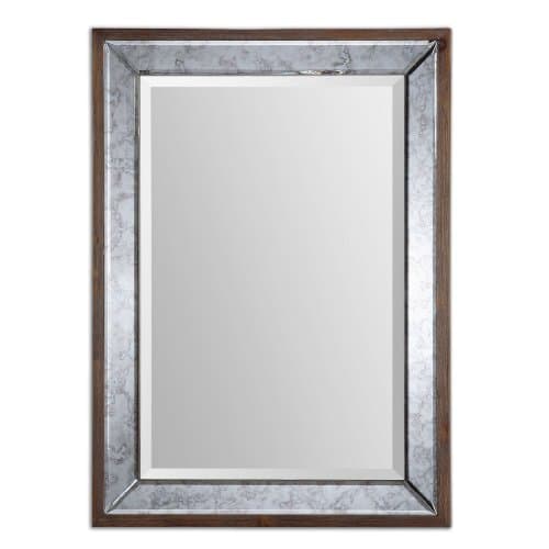 Zinc Decor Antiqued Beveled Wall Mirror Aged Pecan Stained Wood Large 37”