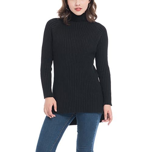 Bello Ragazza Rib Knit Turtleneck Sweater Solid Color Long Sleeve Mockneck Hi Lo Hem One Size (Black)