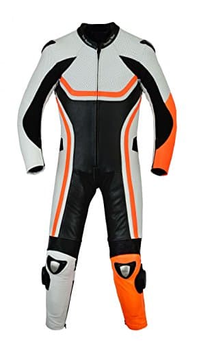 German Wear Fluorescent Motorcycle Suit One-Piece Real Cowhide Leather Orange, Size:56