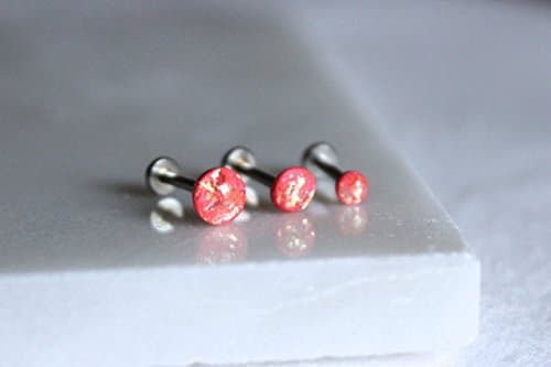 18g or 16g: Opalescent Neon Coral Internally Threaded Triple Labret Set; 1.5mm, 2mm, 2.5mm, 3mm, 4mm, 5mm Gem Sizes; 5/32" (4mm), 1/4" (6mm), 5/16" (8mm), 3/8" (10mm), 15/32" (12mm) Lengths