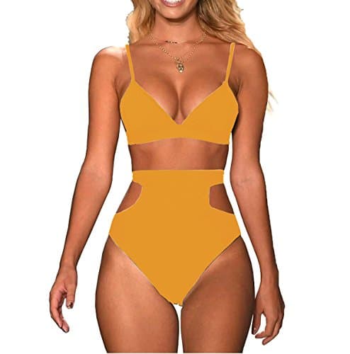 Mitang Women's 2 Pieces Bikini Top High Waist Cutout Bottom Swimsuits
