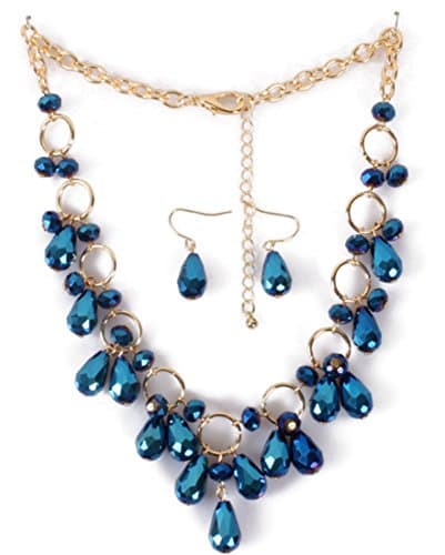 Shineland Tassels Face Drop Crystal Glass Bead Alloy Connecting Circles Collarbone Necklace Earring Set