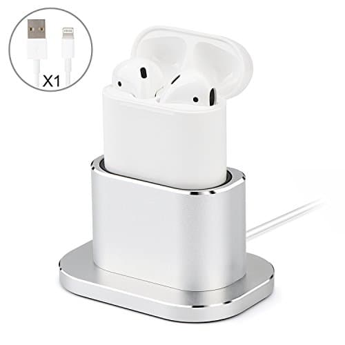 Airpods Dock,SENZLE Aluminum Desk Charger Charging Stand Dock Station for Apple Airpods Case-Silicone Bottom Protect Non-Slip ( GIFT lightning cable included)-Silver